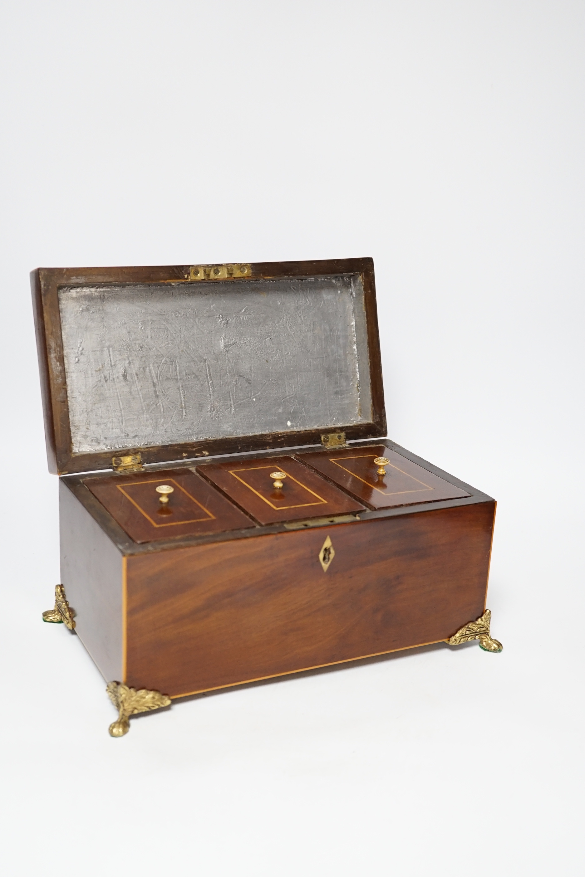 An early 19th century boxwood strung mahogany tea caddy, ivory inlay, 28cm wide CITES Submission reference 5DS6M1FP